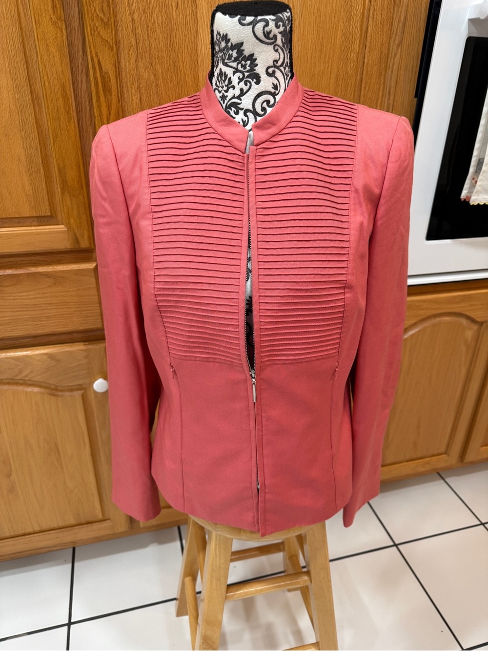 Vtg Worth New York Silk Pintuck Jacket Size 8 Coral Mandarin Collar Y2K
